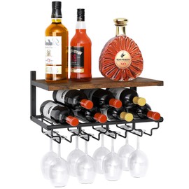 2 Tiers Wine Rack Wall Mounted with Wine Bottle Holder & Wine Glass Rack, Bar Shelves for liquor bottles, Hanging Wine Rack, Wine Storage Display Rack Shelf for Home Bar,Dining Room,Kitchen,Rustic