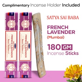 Satya French Lavender Incense Sticks 180 gm (15GM X 12 Pack) from Satya Sai Baba Nag Champa and Raajsee Incense Sticks Holder Bundle, Free from Chemicals,Natural Insenses