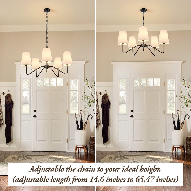 5-Light 30” Modern Chandelier with White Shades, Classic Pendant Ceiling