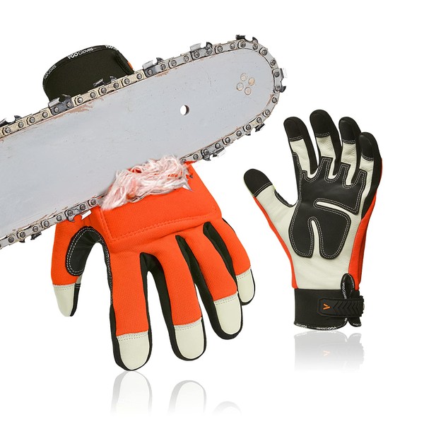 Vgo CA9759CS Chainsaw Gloves, Work Gloves, Cowhide Leather Palm, Mechanic Gloves, Mountain Work, Lumbering, Grass Mowing, 12 Layers Chainsaw Cloth on Left Hand, Cut Prevention Function, 1 Pair (M, Orange)