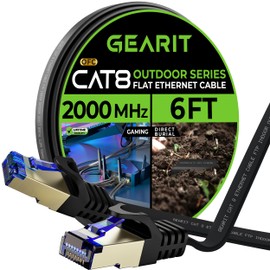 GearIT Cat 8 - Cable Ethernet plano para exteriores (6 pies, negro), con clasificación LLDPE para entierro directo – Cable de conexión RJ45 sin enganches, FTP protegido Cat8, 2000 MHz, 40 Gbps