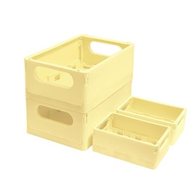 Plastic Storage Crate Folding Desk Organizer Basket Set of 4, 2 Medium+2 Small Collapsible Storage Bins Portable Organizing Crates for Office Classroom Kitchen Bedroom Bathroom Desktop Drawer, Yellow