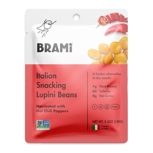 BRAMI Lupini Beans Snack, Hot Chili Pepper | 7g Plant Protein, 0g Net Carbs | Vegan, Vegetarian, Keto, Plant Based, Mediterranean Diet, Non Perishable | 5.3 Ounce (8 Count)