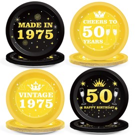 48Pcs 50th Birthday Party Paper Plates for Happy 50th Birthday Party Supplies 7" Cheers to 50 Years Disposable Dessert Plates for Men Women Gold and Black Vintage 1975 Birthday Party Decorations