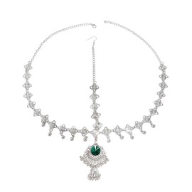 OIDIMS Elegant Headband for Women Rhinestone Cubic Zirconia Boho Headpiece Forehead Jhumka Tassel Bell Head Chain Accessories Festival Prom Wedding Bridal Indian Ethnic Jewelry (Green, Silver)