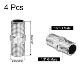 sourcing map 4pcs Hex Nipple Stainless Steel Pipe Fitting G1/2" Male x G1/2" Male Threaded Pipe Adapter Pipe Connector with PTFE Tape for Water, Gas, Fuel Pipeline (Silver Tone, 50mm/2")