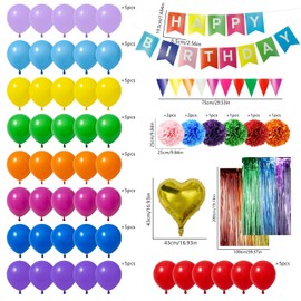 HipTree 62pcs Colorful Birthday Party Decorations,Gifts for Women or Kids, Happy Birthday Banner with Balloons,Paper Pom Poms,Pennant,Foil Fringe and Hearts for Party Decor