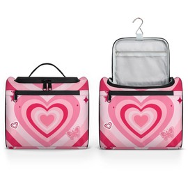 OMFUNS Pink Love Heart Hanging Toiletry Bag Wash Makeup Bag for Women Girls Butterfly Travel Cosmetics Bag Shaving Bag Organizer Kit for Accessories, Cosmetics, Travel Essentials