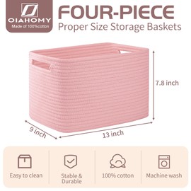 OIAHOMY 4 Pack Storage Baskets for Organizing, Cube Storage Bins for Shelves, Rectangle Storage Baskets With Handles, Woven Baskets for Storage, 12.7''Lx9''Wx7.8''H, Pink