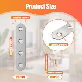 Pack of 20 Flat Shelf Connectors, 77 x 16 x 1.8 mm Wooden Construction Perforated Plate Made of Stainless Steel, Corner Repairs Connection Plate, Straight Repair Brackets with Screws Storage Box for