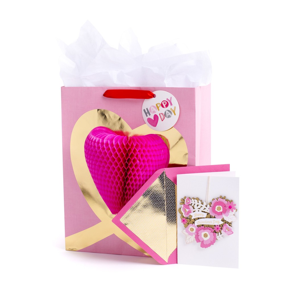 Hallmark Valentine's Day Large Gift Bag with Tissue Paper and Signature Greeting Card (Heart Honeycomb On Pink)