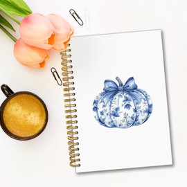 fZSZSD Chinoiserie Fall Pumpkin Spiral Notebook 5.5x8.3, Blue and White Chinoiserie Coquette Bow Pumpkin Journal, Grand Millenial Autumn Journal for Writing, Preppy Fall Notebook for Note Taking
