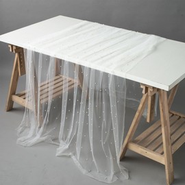 NICENEEDED Pearl Table Runner 118 x 28 Inch, White Tulle Fabric Wedding Table Decor Lace Tablecloth, DIY Bridal Veil Tulle Lace Table Cloth For Wedding Birthday Party Shower