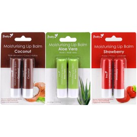 6x Pretty Lip Balms for Dry Cracked Lips: 2 x Aloe Vera, 2 x Strawberry, 2 x Coconut – Bundled by Smart Cutie