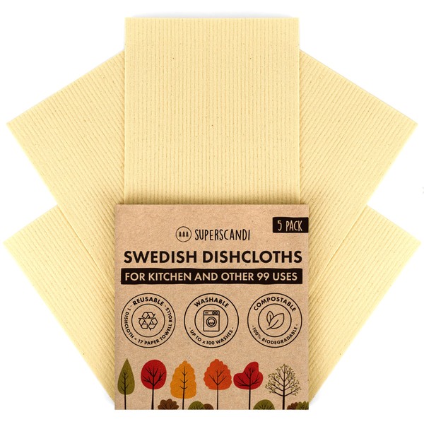 SUPERSCANDI 5 Pack Swedish Dishcloths for Kitchen - 100% Biodegradable