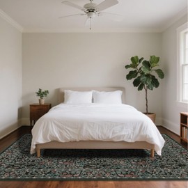 shinefly 8x10 Washable Area Rugs for Living Room, Stain Resistant Vintage Rugs for Dining Room Under Kitchen Table, Bedroom, Floral Low Pile Non-Slip Large Carpet (8 x 10 Dark Green)