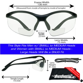Bikershades Safety Bifocal Reader Glasses Clear +1.50 w/Strap Men Women Wrap-Around Semi-Rimless