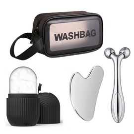 Facial con rodillo de hielo: bandeja de hielo de silicona para el glaseado facial, espátula de acero inoxidable y rodillo 3D para el peinado facial, bolsa de maquillaje para guardarlo, adecuado(Black)