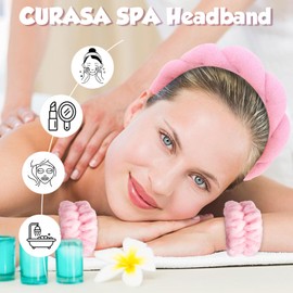 CURASA Skincare Headband and Wristband Set Pink Spa Headband for Washing Face Make Up Headbands for Women Girls Puffy Headband and Wristband Set for Face Washing Terry Cloth Facial Hair Accrssories