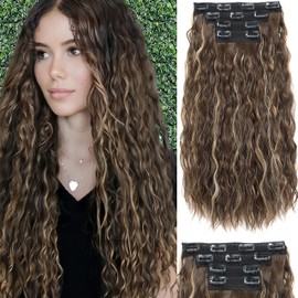 Clip in Hair Extensions, Hair Extensions Clip Ins 18 Inch Synthetic Curly Wavy Hair Extensions Long Thick Clip on Hair Extensions for Women Hairpieces(Brown&Dark mix light brown)