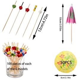 350 Pieces Cocktail Picks and Beverage Umbrellas, Cocktail Drink Accessories, 12cm Fruit Sticks, Knotted Bamboo Pick, 10cm Paper Umbrella, Drink Decoration for Christmas, Luau, Hawaii, Beach Party