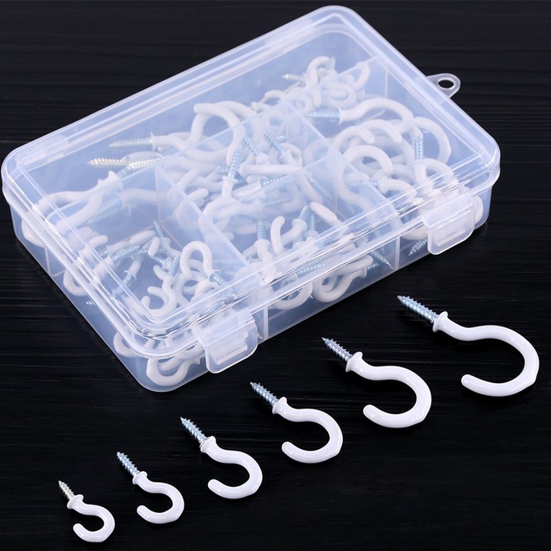 Swpeet 100Pcs White 6 Sizes Cup Hooks Assortment Kit, Vinyl