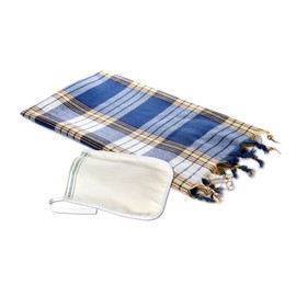Carenesse Hamam Set, 1 Hamam Cloth Checked Blue and 1 Exfoliating Glove Solid
