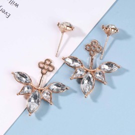 Yheakne Boho Crystal Lotus Jackets Earrings Gold Crystal Stud Earrings Sparkle Rhinestone Ear Jackets Earrings CZ Ear Climber Earrings Wedding Earrings Jewellery for Women and Girls, Silver, Crystal