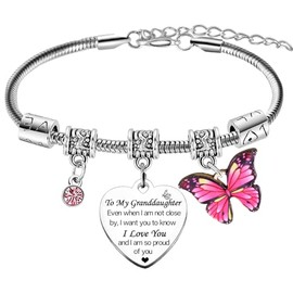 Granddaughter Bracelet With Heart Rhinestones and Butterfly Charm - Christmas Birthday Gift - I Love You Present