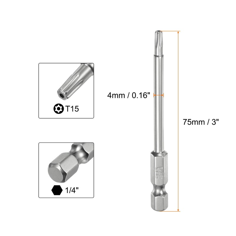 sourcing map T15 Security Torx Bit 1/4" Hex Shank 3"