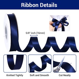 Cinta de satén de doble cara de YAMA – 5/8 pulgadas 25 yardas para envolver paquetes de regalo, diseño floral, clip para el pelo, manualidades, costura, decoración de boda, azul marino
