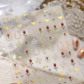 Gold Nail Stickers Flower Nail Decals for Nails Art Tulip Nail Art Stickers with Design Heart Nails Art Decals Self Adhesive Sticker for Women Girls Kid Manicure Charms Supply Accessories