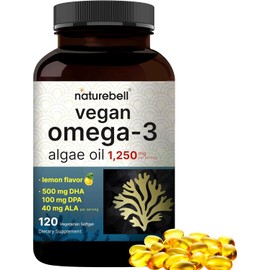 Vegan Omega 3 Algae Oil Supplement, 120 Veggie Softgels | Carrageenan Free, Plant-Based DHA & DPA | Fish Oil Alternative | Full Spectrum of Omega 3 with Flaxseed & ALA | Lemon Flavored