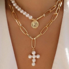 ANGLEQUEEN Layered Pearl Necklace for Women Trendy Simple Necklace Gold Chain Choker Necklace Pearl Cross Necklace Tiny Gold Jewelry for Women (style7)