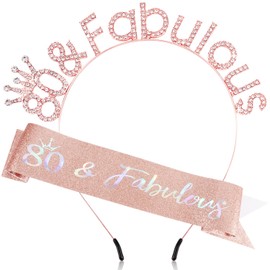 Atoden 80th Birthday Decorations for Women 80th Birthday Sash and Crown Headbands 80 and Fabulous Tiara Eighty Queen Crown Gifts for 80 Year Old Woman Rose Gold