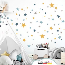 Little Deco DL608 60 Stars Wall Sticker Set for Children's Bedroom Bedroom Yellow Grey Blue