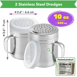 CUSINIUM CUSINIUM Metal Salt Pepper Dredge Shakers - With Handle - Seasonings Spice Shakers With Holes and Lids - 10 Ounce, 2pcs | Style: Medium