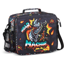 rockpapa Kids Lunch Bag for Kids with Strap, Waterproof, Stain & Oil-Resistant, Insulated LunchBag, Reusable Lunch Tote Bag Holds Lunch Box, Water Bottle & Snacks for School (Black Dinosaur)