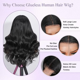 Originea Glueless Wig Human Hair Lace Front Wig 9x6 Max HD Lace Part Wear and Go Glueless Human Hair Wigs 18 Inch Body Wave Pre Plucked Pre Cut Friendly To Beginners Natural Black Color