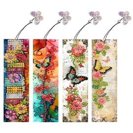 pigpigboss 4 Pieces Butterfly Flower Diamond Painting Bookmark Kit, Book and Flower Acrylic Diamond Art Bookmark with Butterfly Pendant for Adult Beginner Book Decor