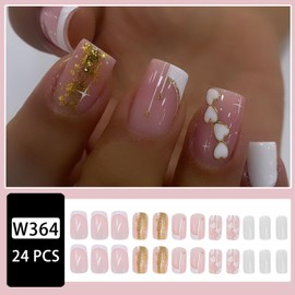 Valentine Heart Press on Nails White Square Nails Medium French Tip Fake Nails with Glitter Designs Reusable Heart Acrylic Nails Love Hearts Stick on Nails Romantic Valentines False Nails