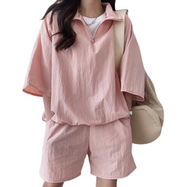 Airby Women's Half Zip Setup, Cut and Sewn Shorts, Cute, Summer, Spring, Cool, Pullover, Pink, M