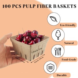 LOPYXBR 100 PCS Natural Pulp Fiber Berry Basket Paper Strawberry Basket Molded Farmers Market Basket Small Vented Basket for Fruit Vegetable Farmer Market Kitchen (Brown, 3.9x3.9x2.8 Inch)