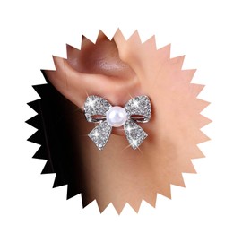 Aneneiceera Vintage Crystal Bow Earrings Silver Bow Pearl Stud Earrings Cz Bow Knot Earrings Tiny Rhinestone Crystal Earrings Jewelry for Women and Girls
