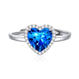 ChicSilver 8mm Heart Cut Birthstone Promise Ring for Her, 925 Sterling Silver Simulated Blue Aquamarine Gemstone Anniversary Wedding Engagement Band Rings for Women March Birthstone Jewelry