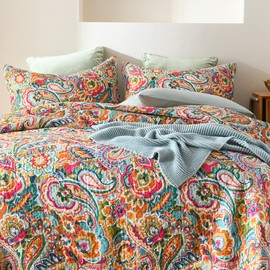 VISIMISI Cotton Bedspread Quilt Sets, Reversible Bedding Coverlet Sets Comforter, Gorgeous Red Floral Paisley Bedspread, Queen Size