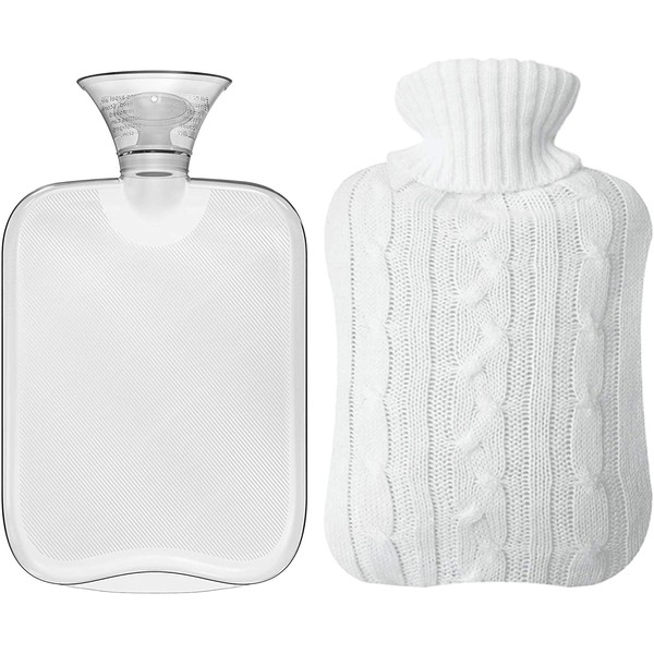 Attmu Classic Rubber Transparent Hot Water Bottle 2 Liter with Knit Cover - White