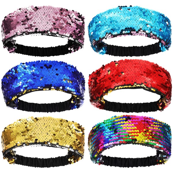 Beaupretty Elastic Glitter Headbands, 6 Pieces, Sequin Headband, Thin Stretch Headband, Glitter Headband for Girls