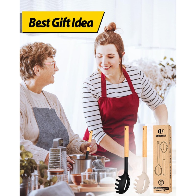 Pack of 2 Spaghetti Spoon, Silicone Pasta Fork with Wooden