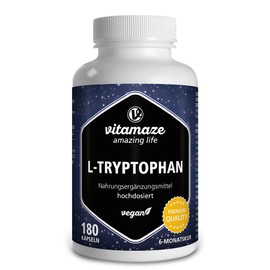 L-Tryptophan High Dose, Vegan, 500 mg Powder per Capsule, 180 Capsules for 6 Months, Pure Essential Amino Acid, Naturally Fermented, Dietary Supplement without Additives, Made in Germany